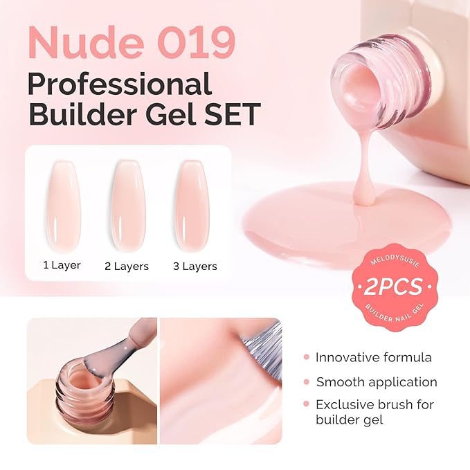MelodySusie 2PCS 15ML Nude Builder Nail Base Gel for Nails Thickening,Soak Off UV Extension Gel,Rhinestone Glue in a Bottle for Nail Art Design Gift for Women DIY Manicure at Home 019 * 2