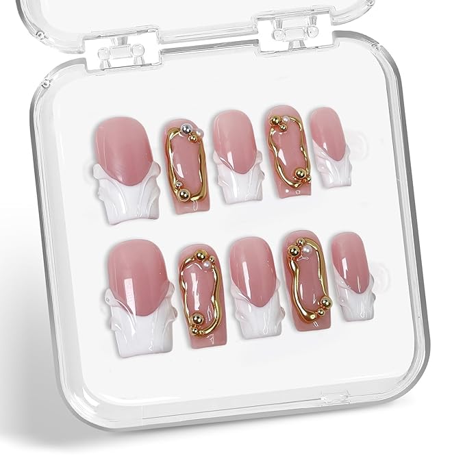 Handmade Press on Nails Square Shape Luxury Medium Hand Made Nails with 3D Pearl & Golden Embossed Design Full Cover White French Tip False Nail for Women (M)