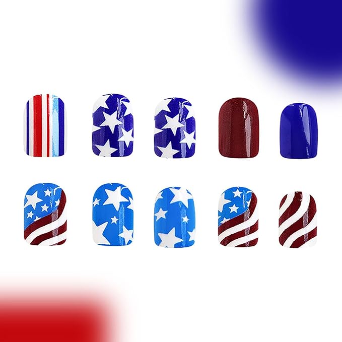 96Pcs Independence Day Press on Nails Short Square Fake Nails with Gold Glitter Design Red and Blue Color Scheme False Nails America Flag Stick on Nails for Women 4th of July Manicure Art
