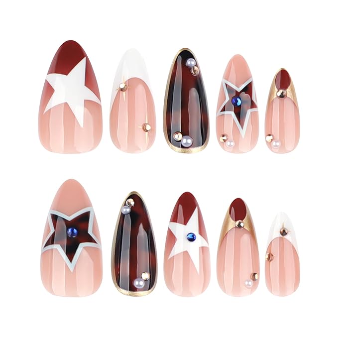 Press on Nails Medium - Almond Fake Nails with Star Design - Brown Full Cover Stick on False Nails - for Women Fall Manicure 24 Pcs
