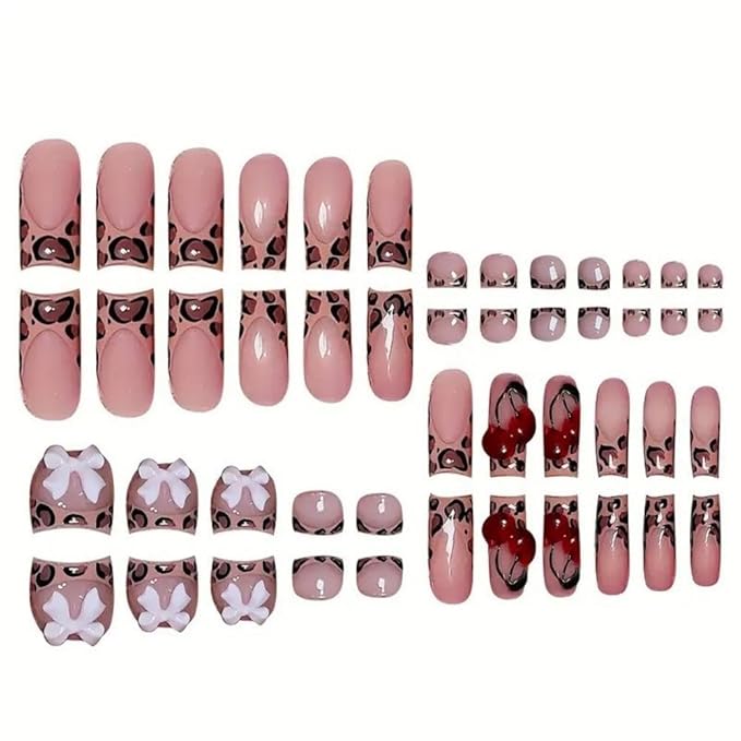 Leopard French Tip Press on Toenails Pink Press on Nails Medium Square Fake Nails with 5D Pink Bow Charms Design Glossy Skin Tones Fake Toenails 3D Cherry False Nails for Women DIY Manicure 48Pcs