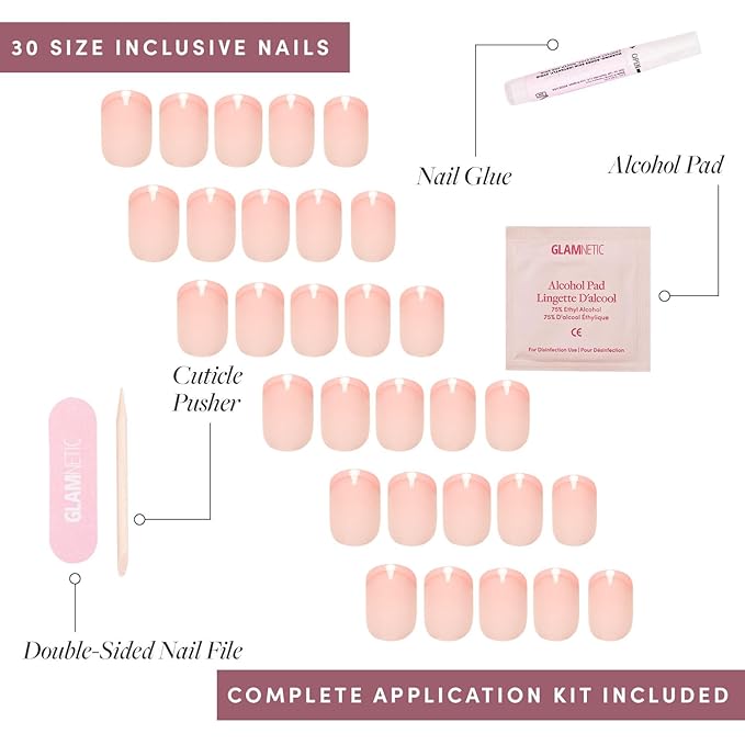 Glamnetic Press On Nails - French Peach | Super Short Round Fake Nails with Pastel Peach French Tips and Glossy Finish, Salon Quality | 15 Sizes - 30 Nail Kit with Glue