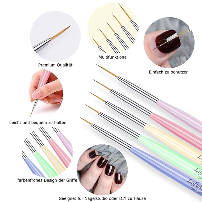 Lofuanna Art Liner Brushes Set 5PCS - UV Gel Polish Painting Acrylic Brushes for Nail Design - Drawing Pens for Home Use and Professional Salon - Sizes 7/9/11/15/20mm