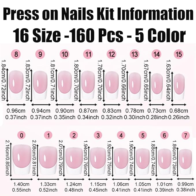 160Pcs White French Tip Press on Nails Medium Square Fake Nails French Tip Nails Press Ons 5 Color Glossy Soft Gel False Nail Full Cover Acrylic Glue on Nail for Women Manicure 5Pack