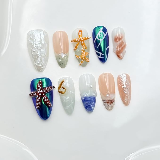 Medium Almond Thick Press on Nails Handmade Nails with Glue,Reusable Ocean Nails Sea Star Conch Designs Fake Nails Nude Pink Acrylic Nails Nature Stick on Nail False Nails for Wome (Size M)