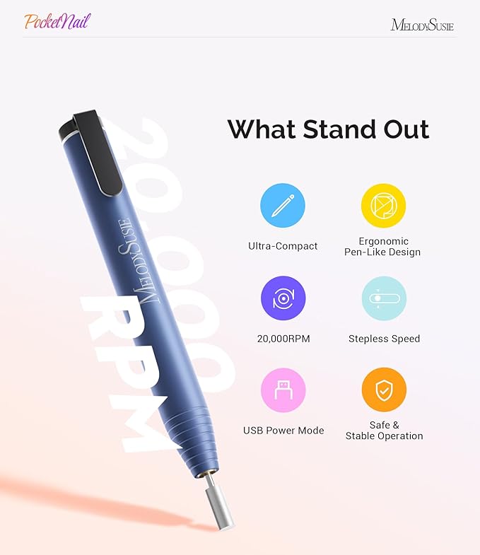 MelodySusie PocketNail Slim Ergonomic Pen-Shaped USB Nail Drill, PC100G 20000RPM Portable Electric File for All Manicure, Pedicure Nail Care, Shaping & Gel Removal at Home for Beginners