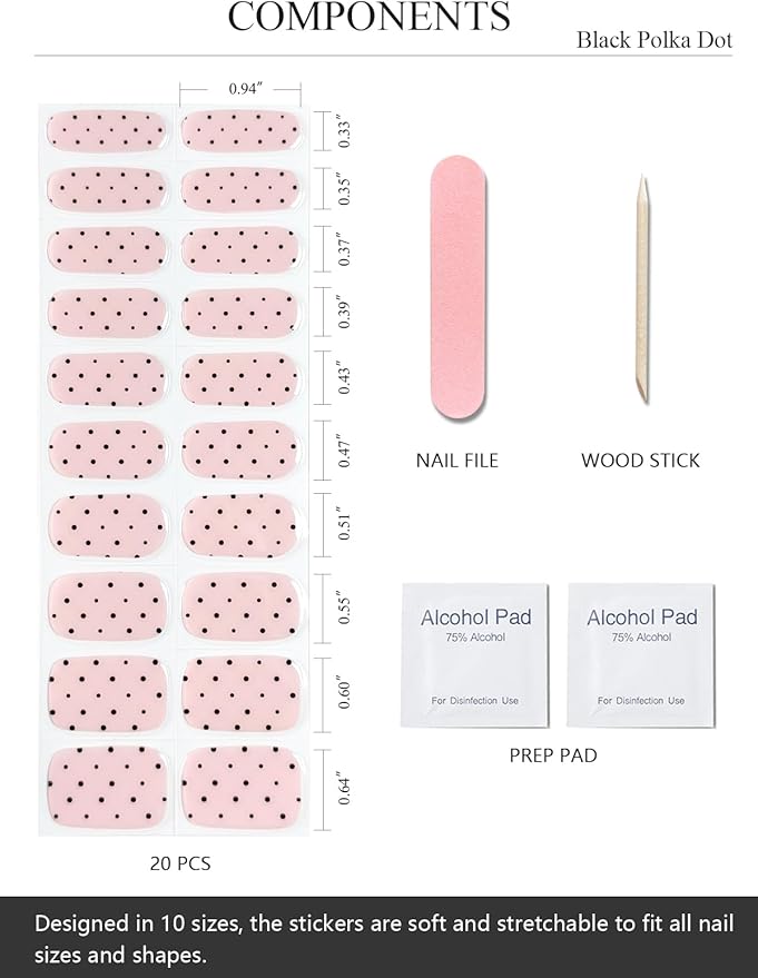 Semi Cured Gel Nail Strips (Black Polka Dot), Bare Pink, 20 Pcs Gel Nail Wraps, Stickers, Long Lasting, Works With Any UV Lamps