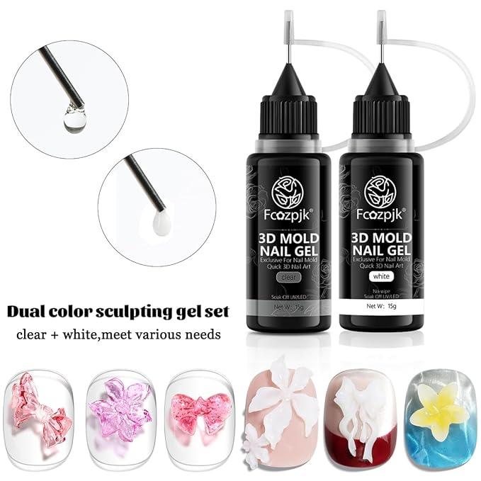 3D Gel Nail Art for Nails Starter Kit: 15ML Clear and White 3D Sculpting Gel with 3PCS Silicone Flowers Nail Charm Molds Gold Silver Chrome Powder Ombre Sponges Salon Supplies DIY Manicure