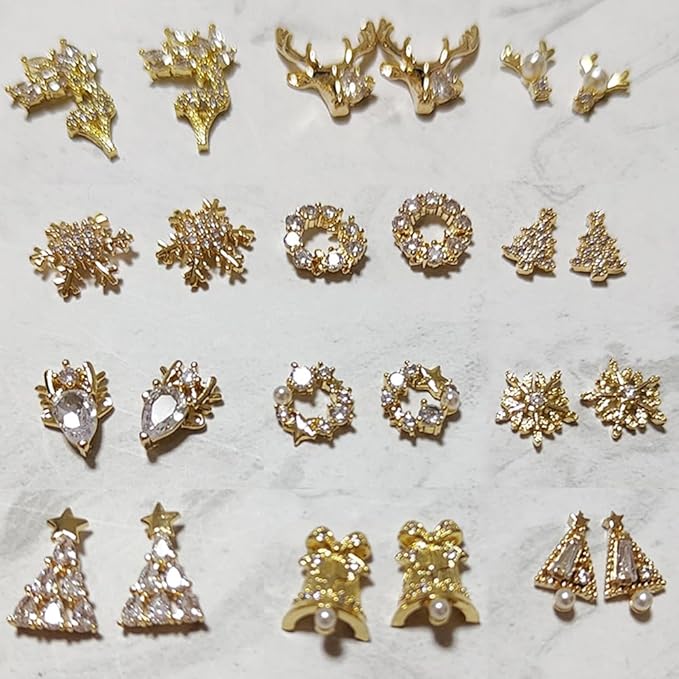 24pcs Luxury Zircon Christmas Nail Charms - 3D Snowflake, Elk, Xmas Tree, Garland Decorations - Gold Art Rhinestones Gems for Nails