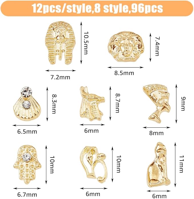 96Pcs 8 Styles 3D Egyptian Nail Charms Vintage Egyptian Nail Art Decoration Retro Nails Jewelry Accessories Pharaoh/Shell/Hamsa Rhinestone Decoration Golden for Nails Art Design