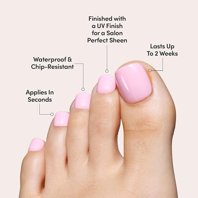 Glamnetic Press On Toenails - Think Pink | Solid Opaque Pale Pink Fake Toe Nails with a Glossy Finish | 16 Sizes - 32 Toe Nail Kit with Glue