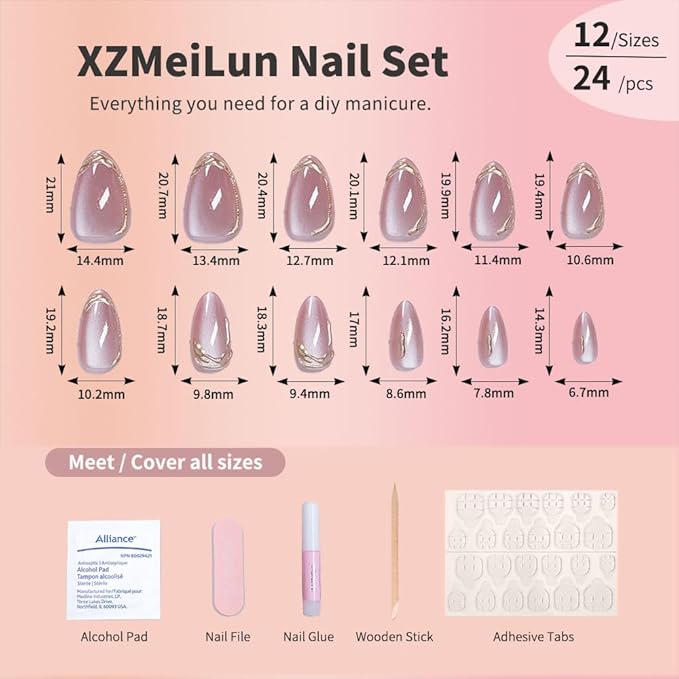 Pink Cat Eye Press on Nails Short Almond, Acrylic Fake Nails with 3D French Tip Gold Line Design, Reusable Glue-On Stick for Cute Pink Nails for Women