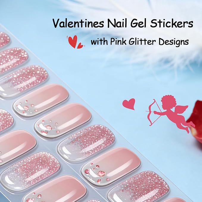 Cute Valentines Day Gel Nail Stickers Gradient Pink Nail Strips Polish Romantic Love with Glitter Designs Full Wraps Gel Nail Strips Cute Heart Nail Decals for Women Manicure Decorations 1 Sheets