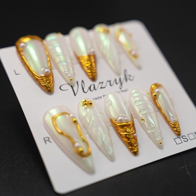 Luxury Handmade Press On Nails, Gold French Tip Long Almond Fake Nails for Women,Minimalist Metallic False Nails, Reusable Salon Quality Multilayer Gel Acrylic Fake Nails.