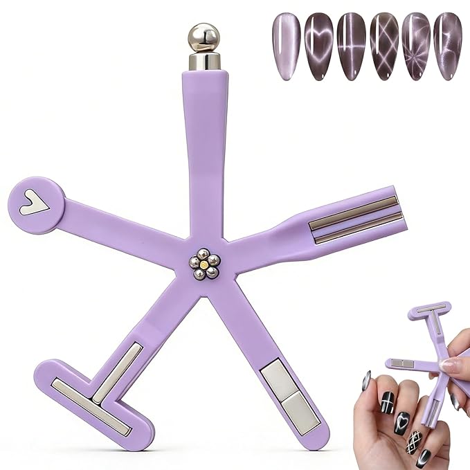 8 in 1 Cat Eye Magnet, Nail Magnets for Cat Eye Gel Polish, Cat Eye Tools for Nails with Steel Ball, Multifunctional Nail Magnet for Nail Salon Home DIY (Purple)