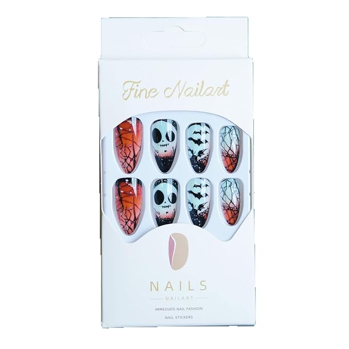 Halloween Glossy Press on Nails, Almond Fake Nails, False Nails with Bat Ghost Designs, Full Cover Acrylic Stick on Nails for Women Girls 24Pcs