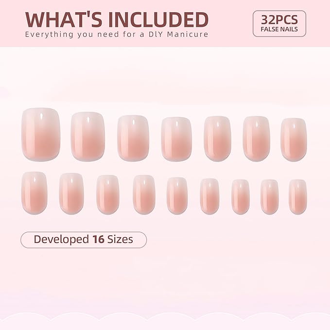 32 Pcs Press on Nails Short Square Shaped False Nails with Pink White Gradient Designs French Luxurious Thickened Fake Nails Full Cover Acrylic Nails Stick on Nails for Women Nails Manicure Decor