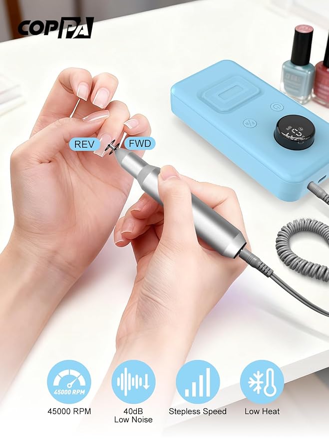 COPPA Portable Nail Drill, NDK106 Electric Nail Drill Professional Kit with 12 Bits 31 Sanding Bands, 45000RPM Rechargeable Nail Drills Machine for Acrylic Nails Gel Polishing Removing, Home & Salon