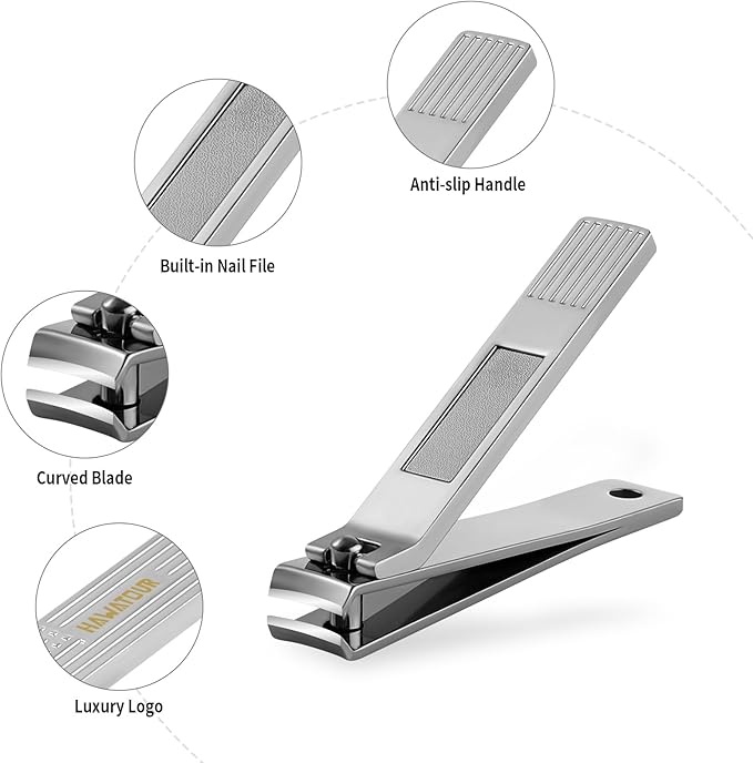 HAWATOUR Nail Clippers Set, Ultra Sharp Curved Blade Fingernail and Toenail Clipper Cutters with Visibly Tin Case, Squares and Stripes (Silver)