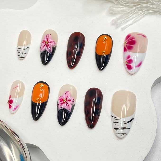 Handmade Press on Nails Medium Almond Fake Nails with Leopard Print and Flower Designs Acrylic Nails Full Cover Flower Press on Nails for Women Decorations (Size M)