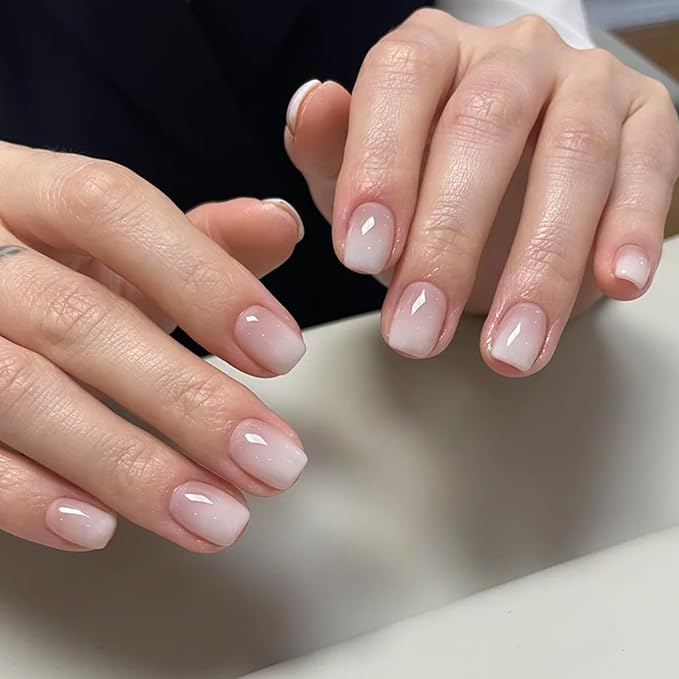 Ombre Press on Nails Short Square Fake Nails Nude White Gradient False Nails Press ons-Reusable Glossy Artificial Nail Full Cover Stick on Nails for Women Manicure 24Pcs
