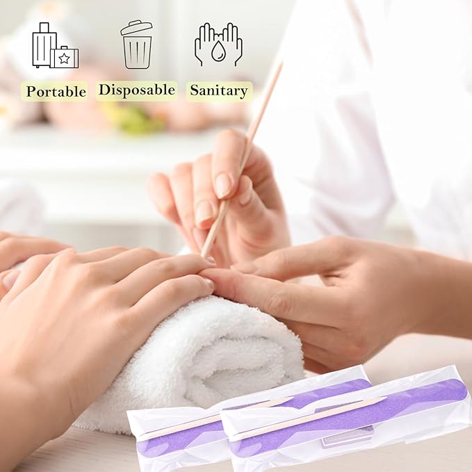 Disposable Manicure Kit - 50pc Mini Nail Buffer, Nail File, Wood Stick, OPP Bag, Press On Nail Tool Kit for Salon Home (Purple)