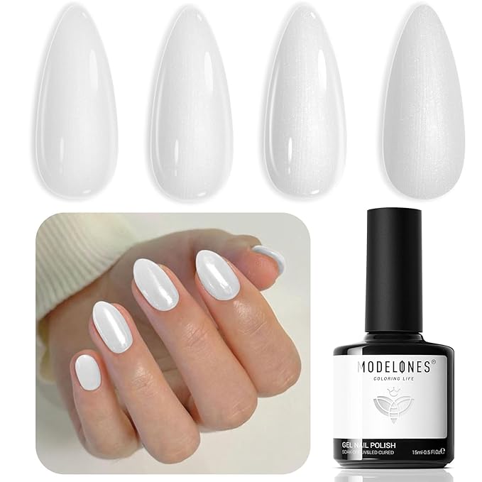 modelones Shine White Gel Nail Polish, 15ML Glitter Pearl White Gel Polish Iridescent Shimmer Nail Gel Polish Soak Off Led Whiter Nail Polish DIY Home Salon Nail Art Manicure Gift for Women Girls
