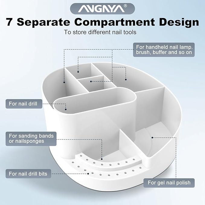 ANGNYA Nail Drill Holder with 7 Compartments & 18 Holes Nail Drill Bit Holder, Professional Nail Desk Storage Organizer Box Case for Nail Station, Salon and Home Use