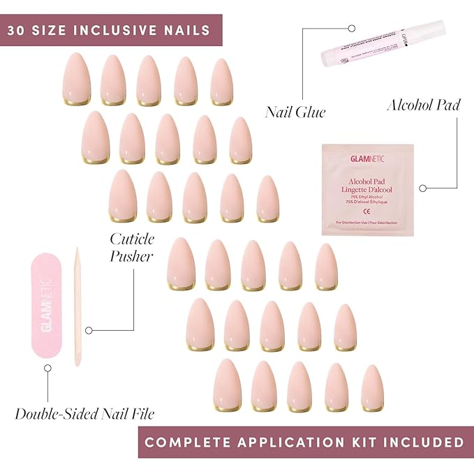 Glamnetic Press On Nails - Goal Getter | Medium Almond Fake Nails and Neutral Gold Reverse French Tip, Salon Quality | 15 Sizes - 30 Nail Kit Wtih Glue