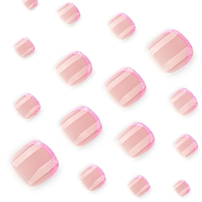 French Pink Press on Toe nails Short Square French Fake Toe Nails Tips Glitter Pink False Toenails Glossy Summer Acrylic Toe Nails Decorations for Women Girls 24Pcs