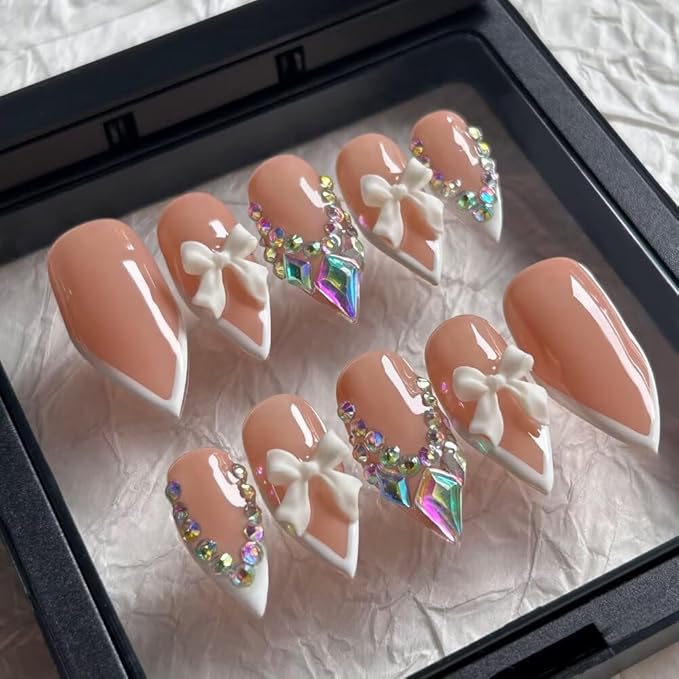 Press on Nails Handmade Medium Length Almond Fake Nails, 3D French Salon Bow Design False Nails, 10 Pcs Reusable ABS Material Nail Tip Artificial Nails for Women (Size S)