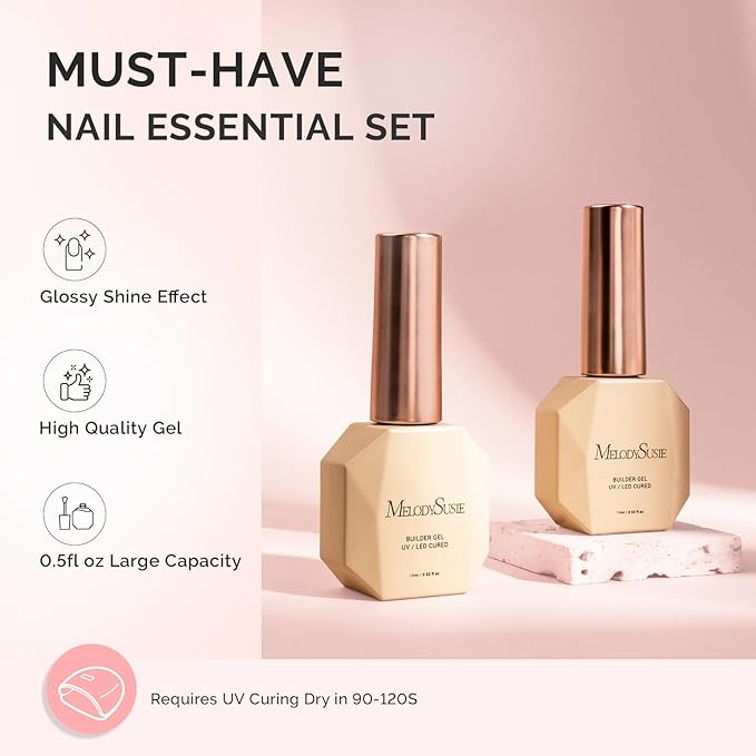 MelodySusie 2PCS 15ML Clear Milky White Builder Nail Base Gel for Nails Thickening,Soak Off UV Extension Gel,Rhinestone Nail Glue in a Bottle for Nail Art Design Gift for Women