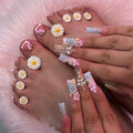 48Pcs Ombre Blue Press on Nails White French Tips Press on Toenails Long Square Fake Nails with Flower Charm Design Butterfly False Toenails Kit Glossy Summer False Nails for Women Girls DIY Manicure