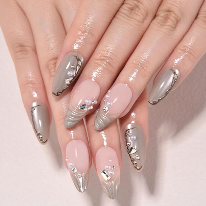 evpct Nude Pink 3D Press on Nails Short Almond with Wave Pearl Design, 3D Wave Tip Stick on Nail for Women Gift, Reusable Full Cover Soft Gel Press on Fake Nail Perfectly Fit with Diamond Design