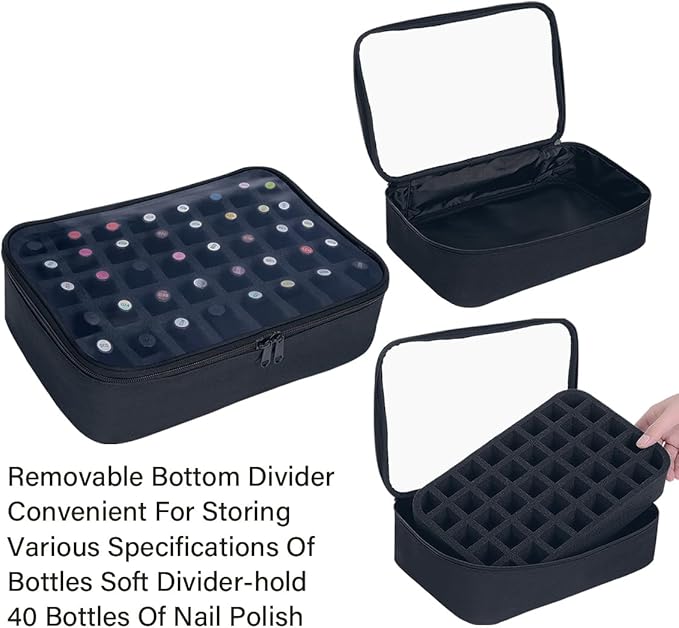 Small Clear Nail Polish Organizer Holds 40 bottles(15ml-0.5fl.oz) Nail Polish Case Multifunctional Nail Polish Bag organizer, Cosmetic Travel Makeup Bags for Women Black