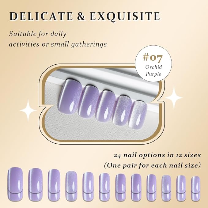 Orchid Purple Cat Eye Press on Nails Medium Square, Medium Square Press Stick on Nails Chrome for Women Gift, Orchid Holographic Glitter Glossy Reusable Acrylic Fake Nail with Cateye Effect Designs