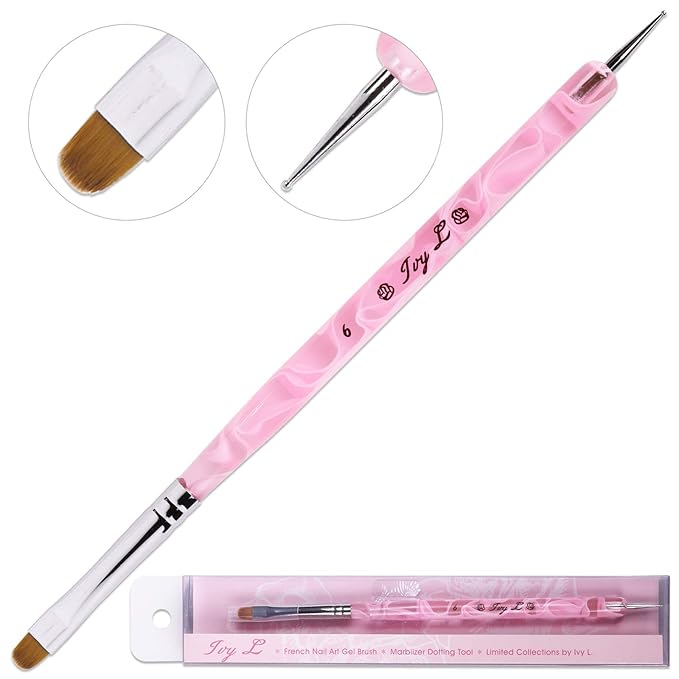 Ivy L Premium 2 Way French Gel Acrylic Nail Art Kolinsky Brush with Dotting Tool for Professional Manicure Cuticle Clean up Nail Art Design (Size # 6, Pink Marble)