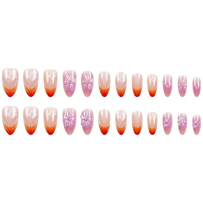Almond Press on Nails Medium Fake Nails Red and Purple Artificial Nail Floral Stick on Nail for Women 24pcs