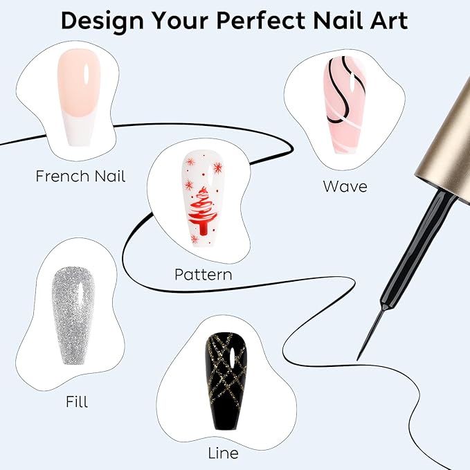 AIMEILI Gel Polish Nail Art Liner, Hema Free, Cruelty Free, Vegan, 6 Colors Black White Red Pink Gold Silver Design Paint for French Chrome Manicure DIY