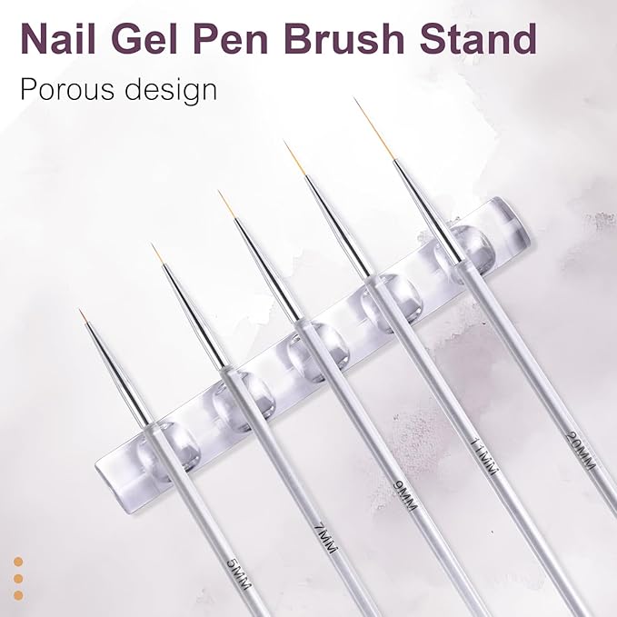 Nail Art Liner Brushes with Nail Brush Holder 5Pcs Striping Brushes Gel Polish Painting Art Design Pen Set for Fine Drawing (White)