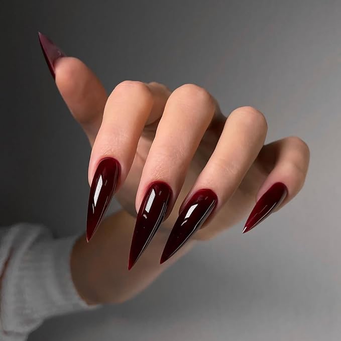 Halloween Blood Press on Nails - Witch Fake Nail | Long Stiletto False Nails,Full Cover Glossy Acrylic Nails,Reusable Stick on Nails for Women Girls Halloween Manicure 24Pcs