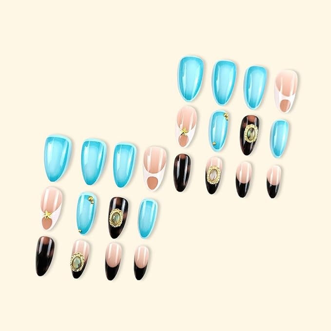 Medium Almond French Tip Press On Nails, 24pcs Full Cover Nails, 12 Sizes, Glossy Finish, Leopard Print, Stars, Gemstone Gold Designs