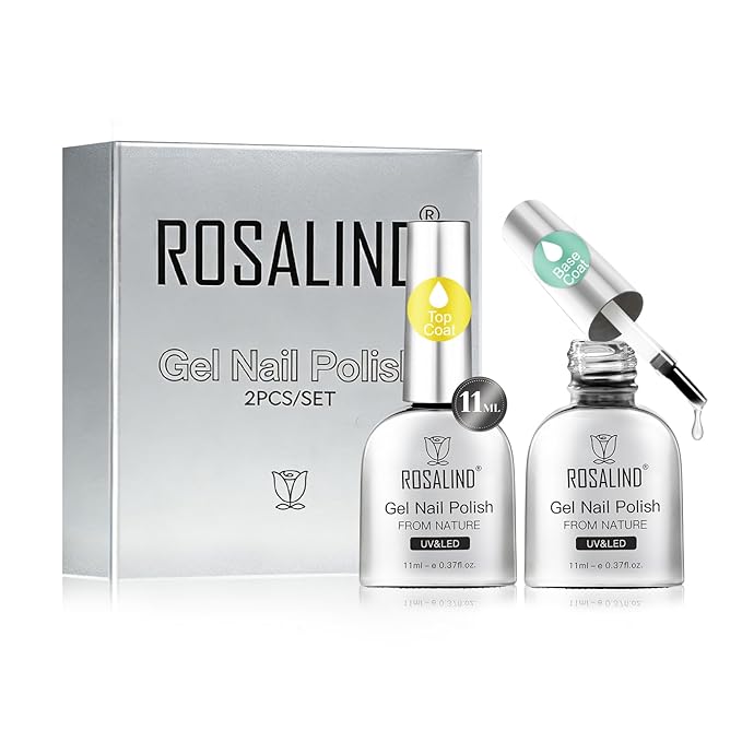 ROSALIND 11ml 2 Pcs Glassy Gel Top Coat and Base Coat Set,No Wipe Foundation Combination for UV Light Cure Gel Polish Nail Art