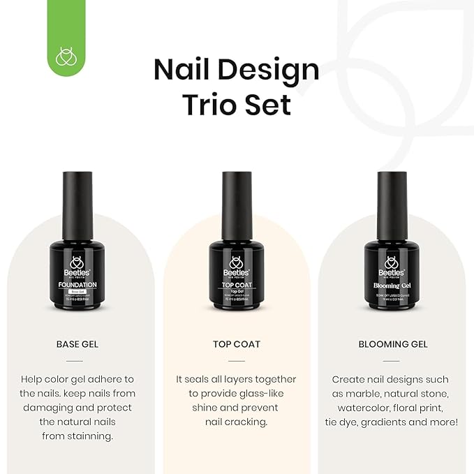 Beetles Blooming Gel & Base Top Coat Set, 3PCS 15ML Shine Finish Long Lasting No Wipe Top Coat Gel Nail Polish Base Spreading Marble Effect Soak off UV LED Nail Art Gifts for Women