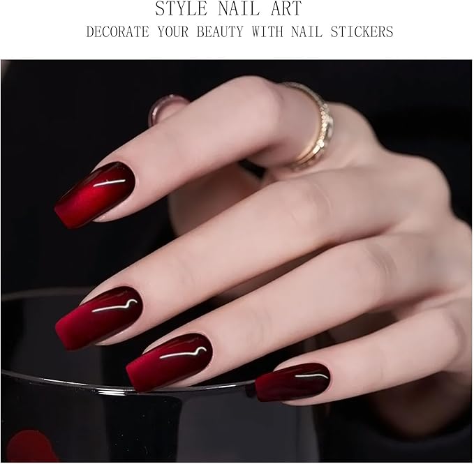JMEOWIO Gel Nail Stickers Cat Eyes Red Semi Cured Gel Nail Strips Wraps UV/LED Nails Art Design Decoration Accessories