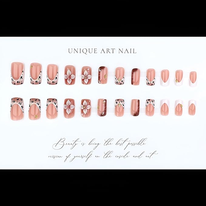 24Pcs French Tip Press on Nails Medium Square Fake Nails Leopard Print Nails Press Ons Flower False Nails with Pearl Design French Tip Glue on Nail Glossy Stick on Nail for Women Decorations 24Pcs