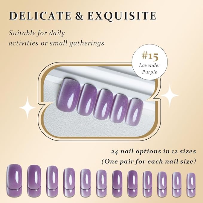 Cat Eye Lavender Purple Press On Nails Medium Long Length Square, Designer Reusable Acrylic Fake Nail, Glossy Gel Nails Wedding Party, Stick On Glue On Nail, Nails Press Ons for Women