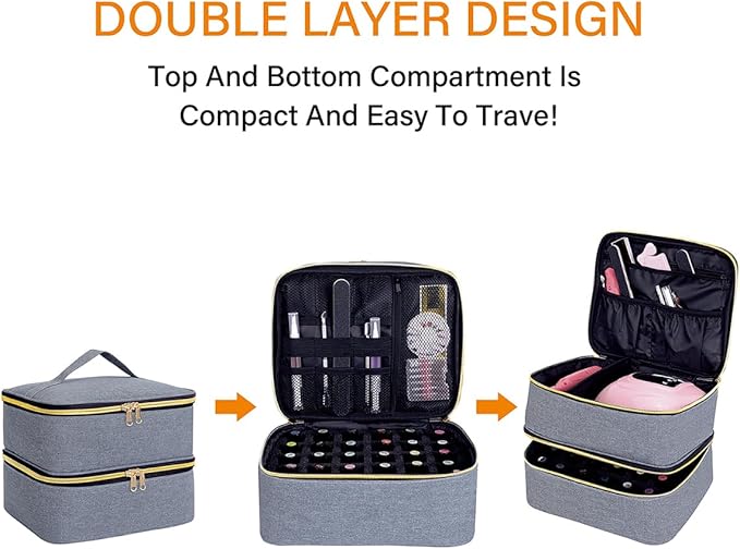 Nail Polish Organizer, Handheld Double Layer Organizer Holds 30 Bottles (15 ml/0.5 floz) with Adjustable Dividers for Nail Polish Small Manicure Lamp Manicure Tools Essential and Travel,Gray Gold