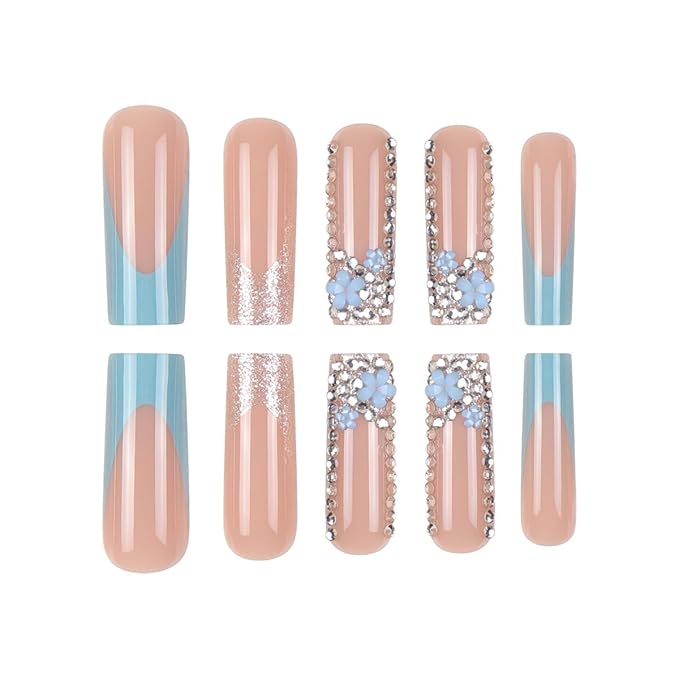 Long Press on Nails Square Fake Nails French Tip False Nails Blue Artificial Nails with Designs Stick on Nails for Women 24pcs
