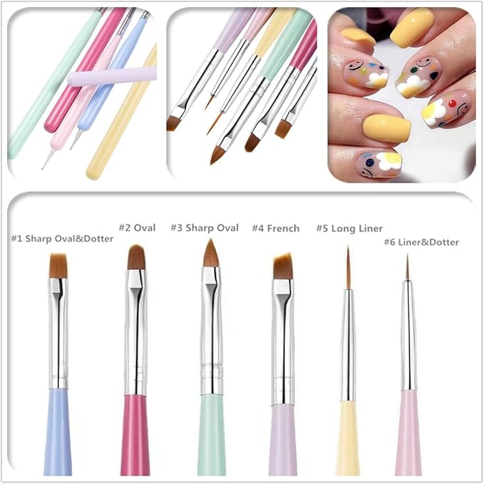 6 PCS Nail Art Brushes Set with 3 PCS Nail Painting Brushes, Double Ended Brush and Dotting Tool Kit, Nail Art Design Tools
